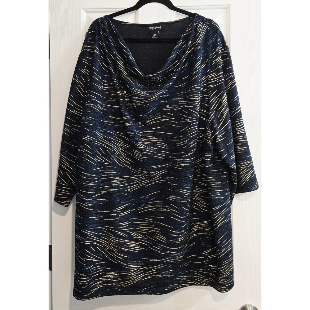 Maggie Barnes Cowl Neck Top 4X Blue Teal Black Gold Metallic Art to Wear Tunic